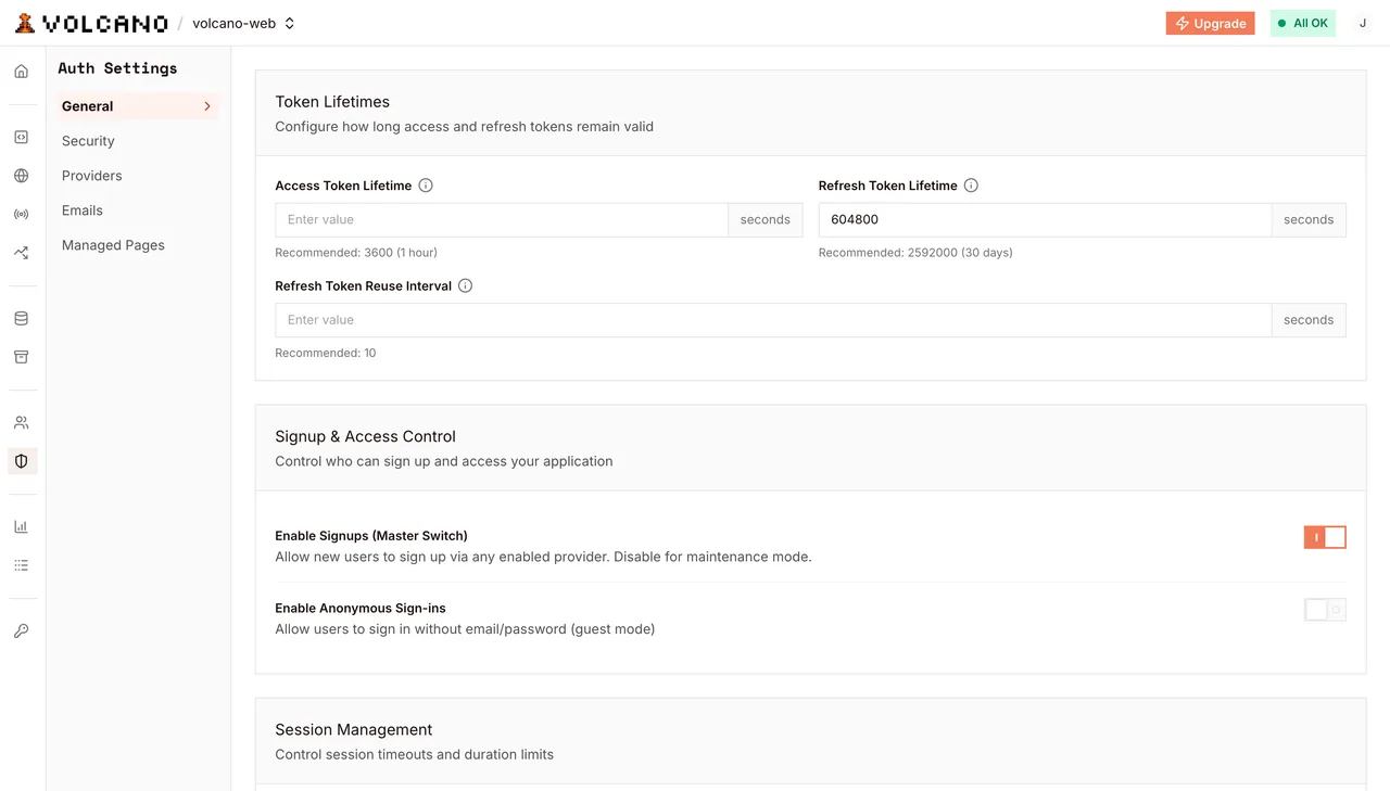 Auth settings with the anonymous sign-in switch and token lifetimes
